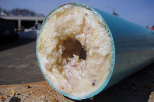A pipe clogged with thick fats, oil and grease, also known as FOG