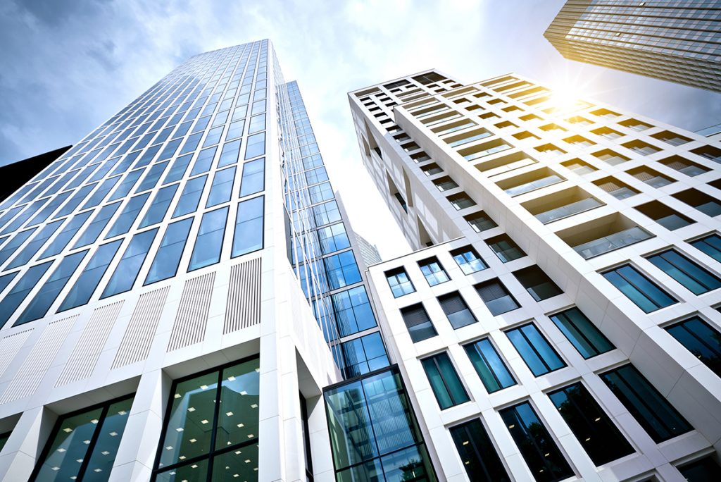 looking up at office buildings